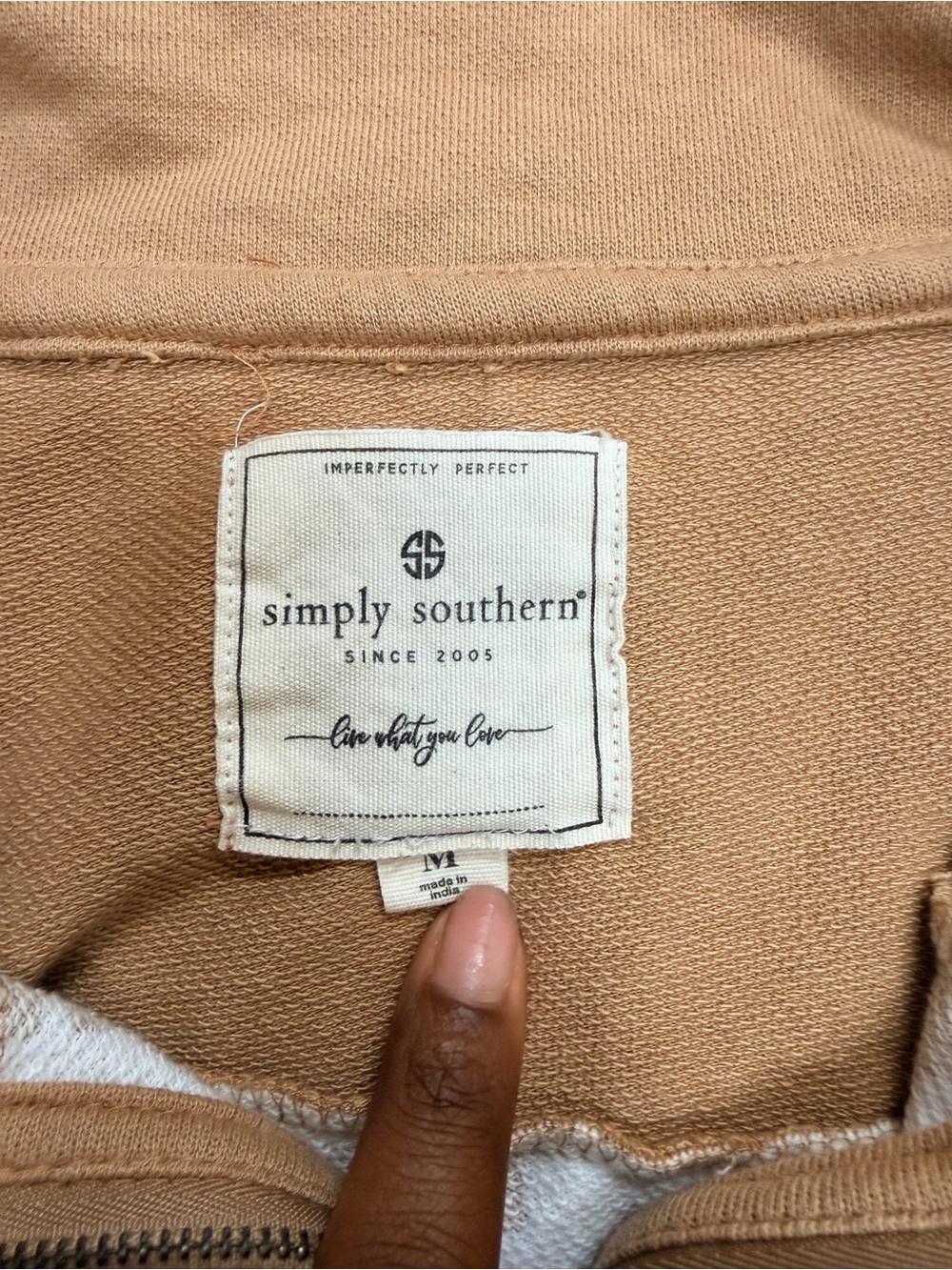 Simply Southern Tan and White Half-Zip Pullover with Hood - Picture 3 of 4